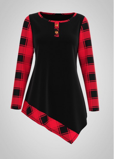 Modlily Asymmetric Hem Plaid Print Round Neck T Shirt - XS