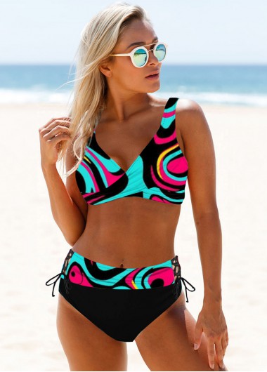 Modlily Abstract Print Lace Up Colorful Bikini Set - XL