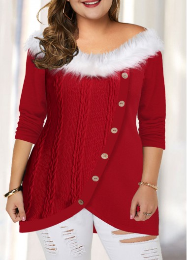 Modlily Plus Size Tulip Hem Fluffy Collar T Shirt - 1X