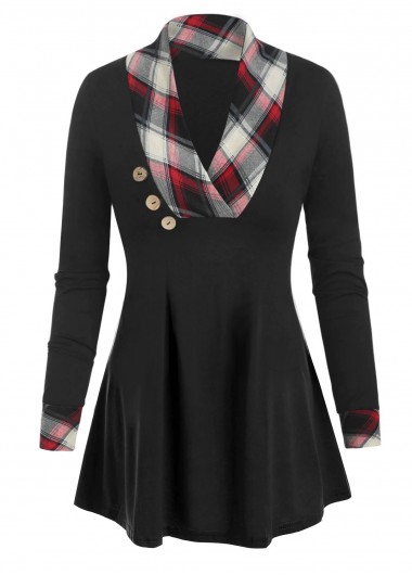 Modlily Plaid Long Sleeve Button Detail T Shirt - XL