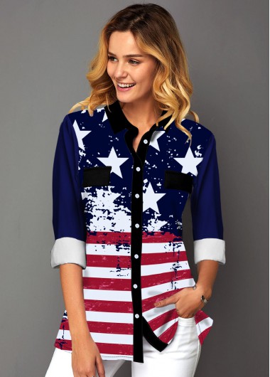 Image of American Flag Print Button Up Shirt - M