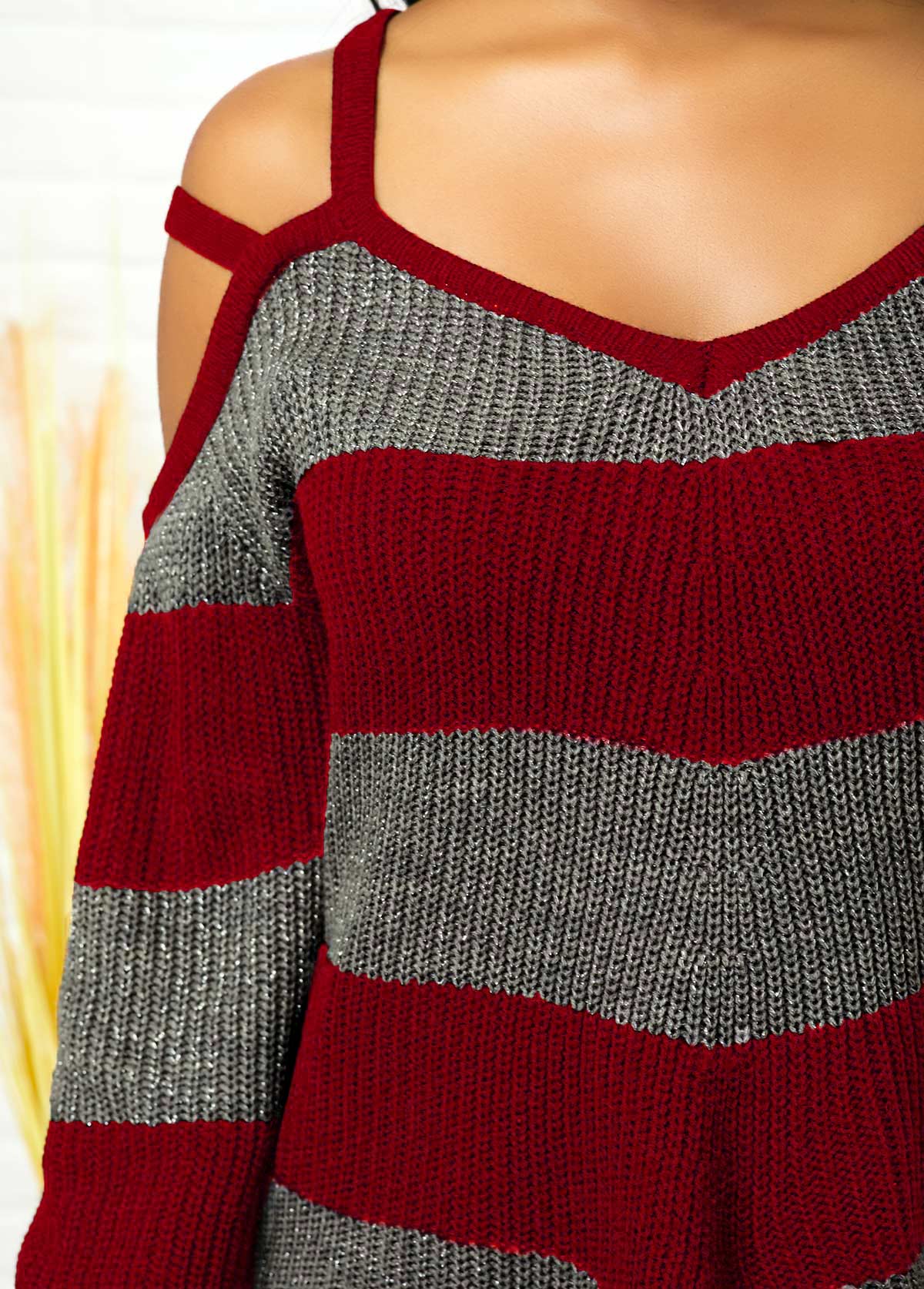 Cold Shoulder Striped Asymmetric Hem Sweater