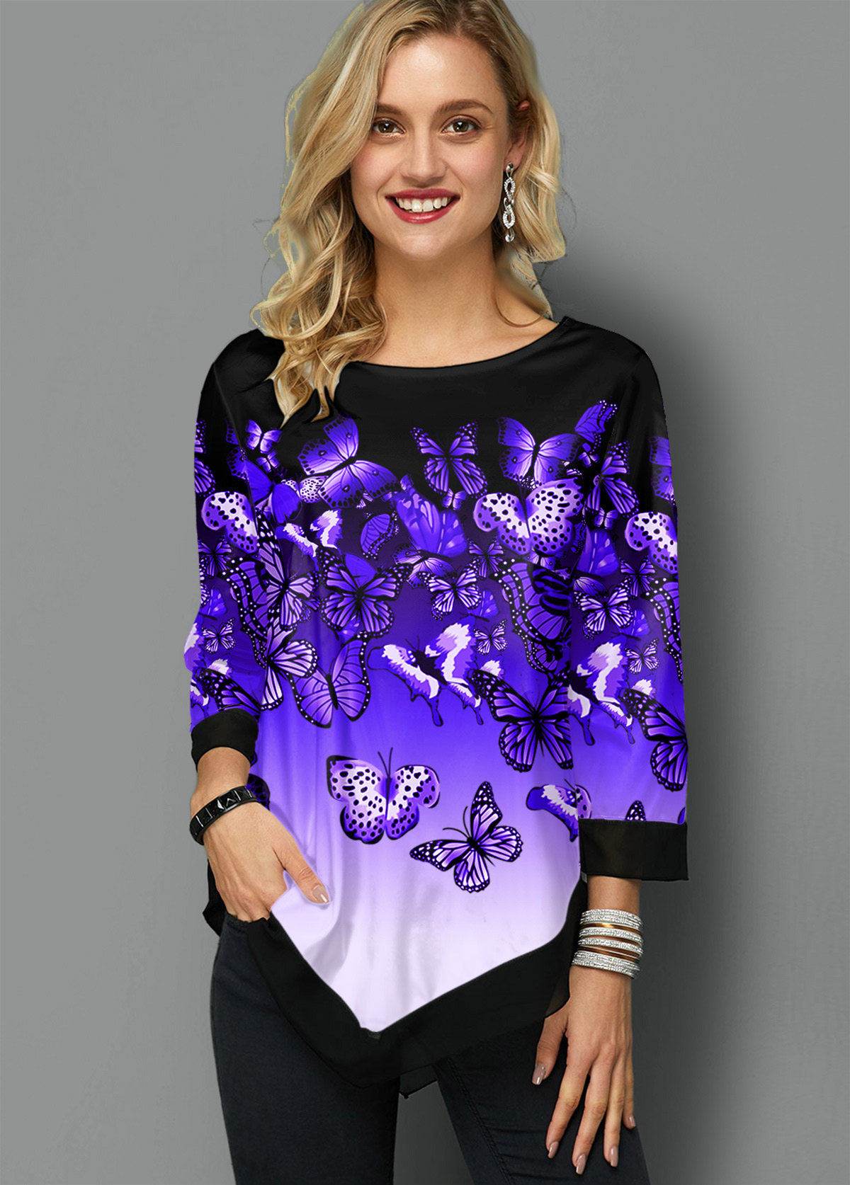 Asymmetric Hem Butterfly Print Ombre T Shirt
