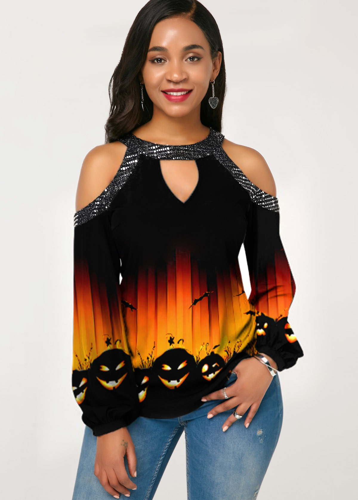 Halloween Pumpkin Print Cold Shoulder Ombre T Shirt