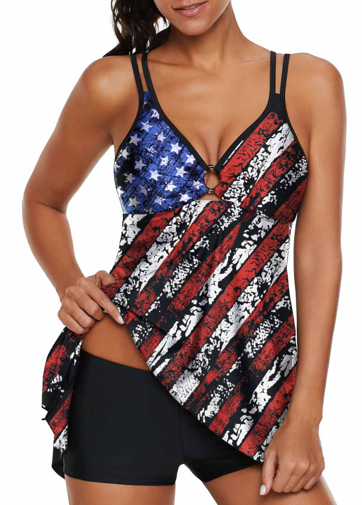 American Flag Print Asymmetric Hem Swimdress and Shorts
