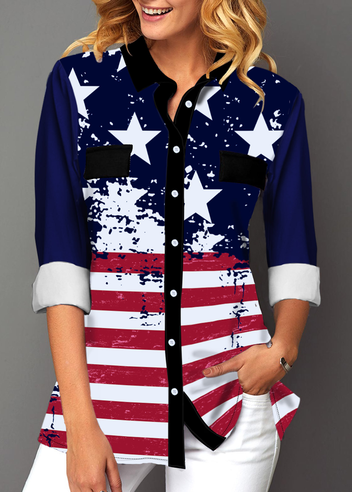 American Flag Print Button Up Shirt | modlily.com - USD $31.99