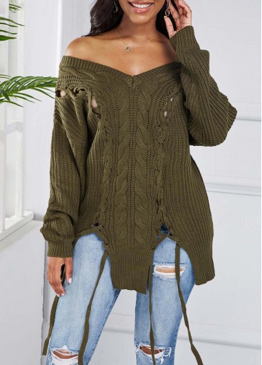 Modlily Lace Up Off Shoulder Asymmetric Hem Sweater - S
