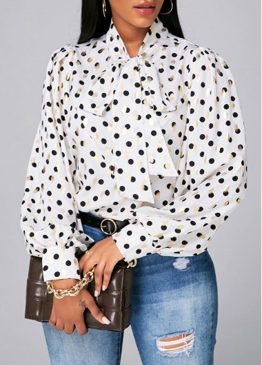 Modlily Bowknot Detail Lantern Sleeve Dot Print Blouse - S