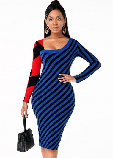 Modlily Long Sleeve Striped Asymmetric Neck Sweater Dress - L