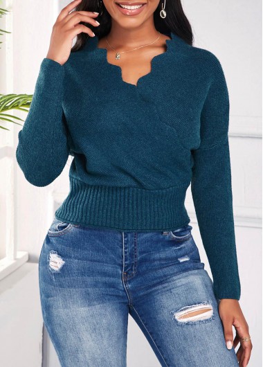 Modlily Scalloped Hem V Neck Long Sleeve Sweater - M