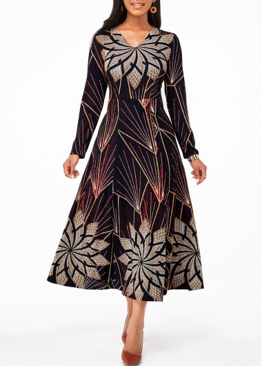 Tribal Print Long Sleeve V Neck Dress - L