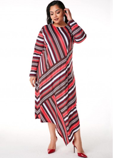 Plus Size Asymmetric Hem Striped Dress - 1X