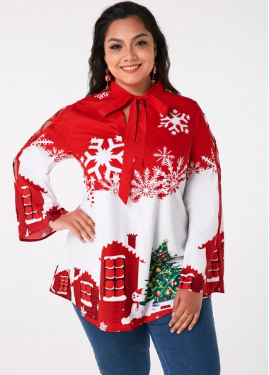 Plus Size Christmas Print Lace Panel Bowknot Blouse - 1X