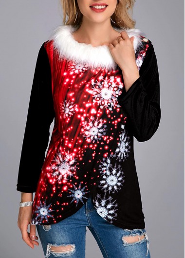 Luminous Christmas Tree Fur Collar Asymmetric Hem T Shirt - L