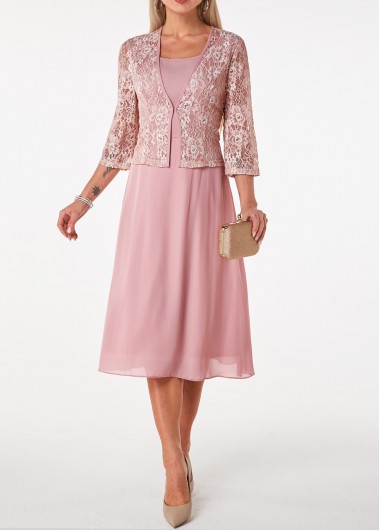 Lace Panel Faux Two Piece Pink Dress - L