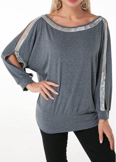 Sequin Contrast Cutout Sleeve Round Neck T Shirt - S
