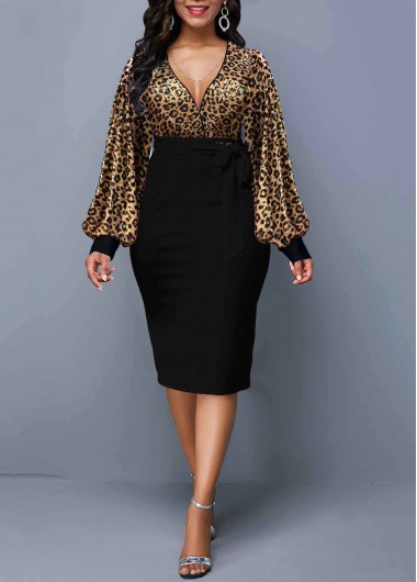 Leopard Lantern Sleeve Plunging Neck Dress - L