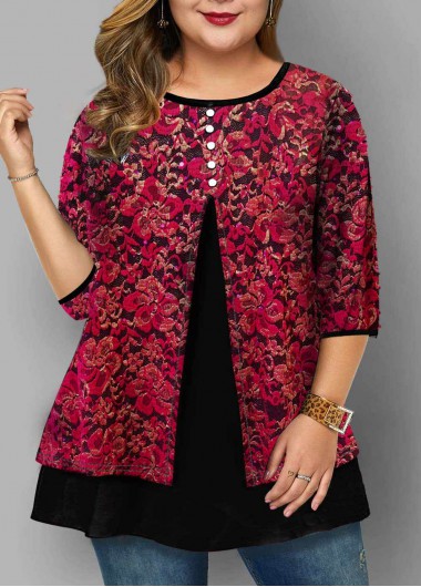 Plus Size Lace Panel Round Neck T Shirt - 1X