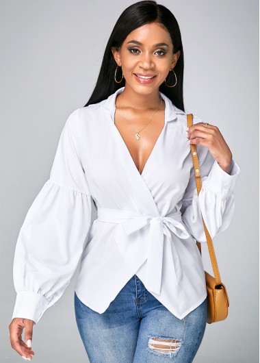 Modlily V Neck Lantern Sleeve Asymmetric Hem Blouse - XL