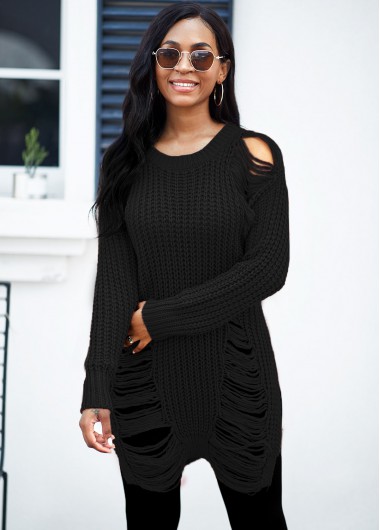 Modlily Round Neck Draped Fringe Long Sleeve Sweater - L