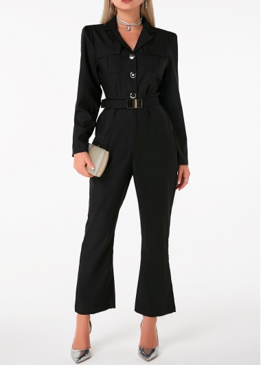Pocket Button Detail Belted Turndown Collar Jumpsuit - L