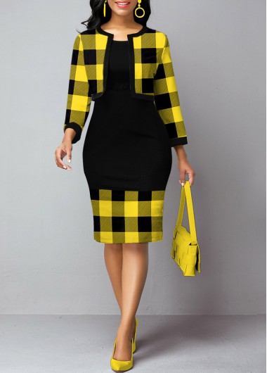 Plaid Print Open Front Cardigan and Sheath Dress - S