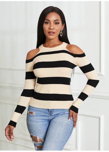 Modlily Striped Cold Shoulder Long Sleeve Sweater - XL