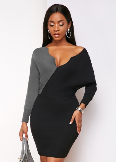 Contrast Batwing Sleeve Cutout Back Sweater Dress - L