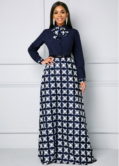 Modlily Geometric Print Bowknot Long Sleeve Maxi Dress - XXL