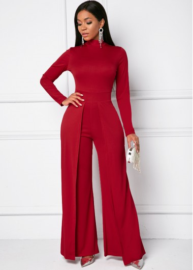 Modlily Long Sleeve Mock Neck Wide Leg Jumpsuit - XL