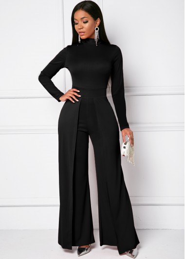 Modlily Long Sleeve Mock Neck Wide Leg Jumpsuit - 2XL