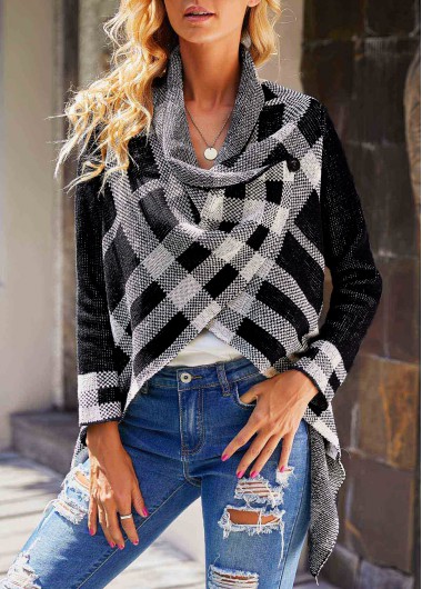 Modlily Plaid Asymmetric Hem Long Sleeve Cardigan - S