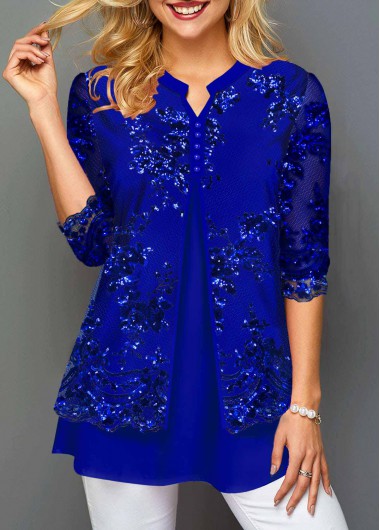 Modlily Sequin Lace Stitching Split Neck T Shirt - XXL