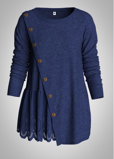 Round Neck Lace Panel Button Detail Sweater - L