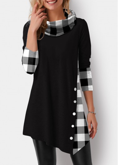 Modlily Asymmetric Hem Plaid Print Cowl Neck Tunic Top - S