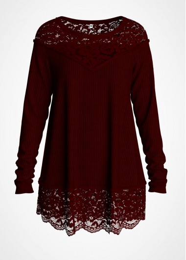 Lace Panel Round Neck Long Sleeve Sweater - L