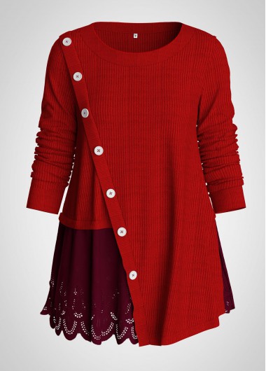 Lace Panel Button Detail Faux Two Piece Sweater - L