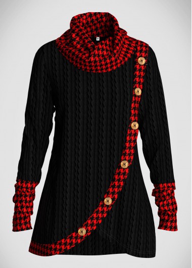 Plaid Cowl Neck Inclined Button Sweatshirt - L