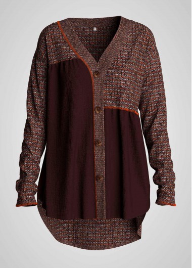 Button Front Dip Hem Long Sleeve Cardigan - L