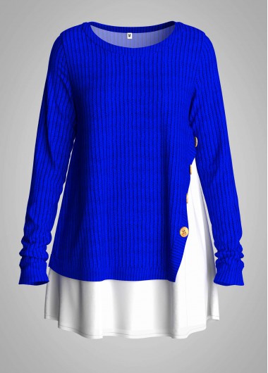 Contrast Faux Two Piece Button Detail Sweater - L