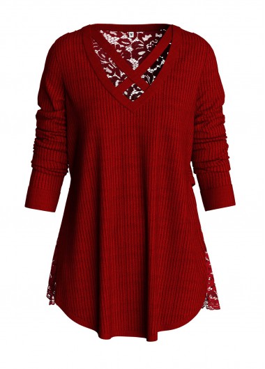 Lace Panel Cross Strap Long Sleeve Sweater - L