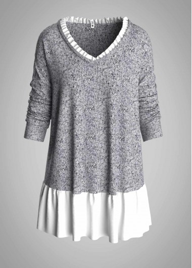 Contrast Pleated V Neck Long Sleeve Sweater - L