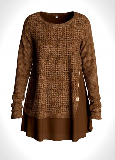 Chiffon Panel Faux Two Piece Button Detail Sweater - L