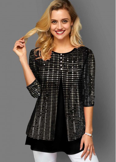 Round Neck Three Quarter Sleeve Faux Two Piece T Shirt - L