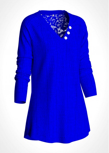 Lace Panel V Neck Long Sleeve Sweater - L