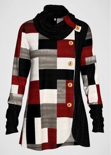 Modlily Contrast Print Long Sleeve Cowl Neck Button Detail Tunic Top - XL