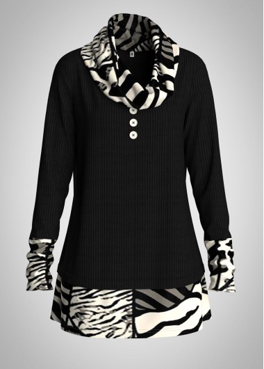 Image of Animal Print Cowl Neck Button Detail Tunic Top - XL