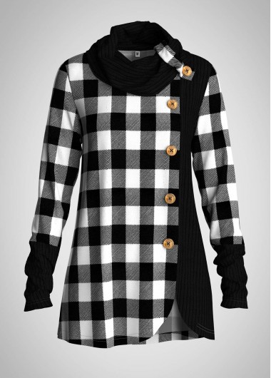 Modlily Plaid Asymmetric Hem Button Cowl Neck Tunic Top - M