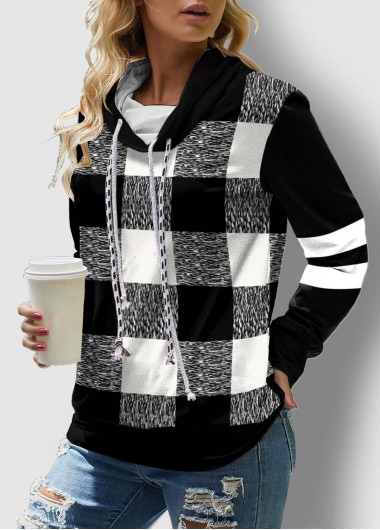 Modlily Black&amp;White Plaid Drawstring Neck Long Sleeve Contrast Sweatshirt - XL