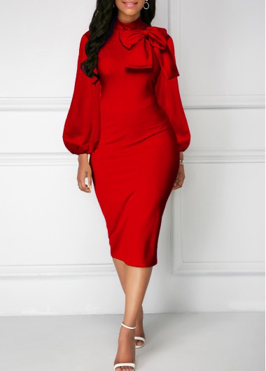 Modlily Bowknot Neck Red Lantern Sleeve Sheath Dress - S